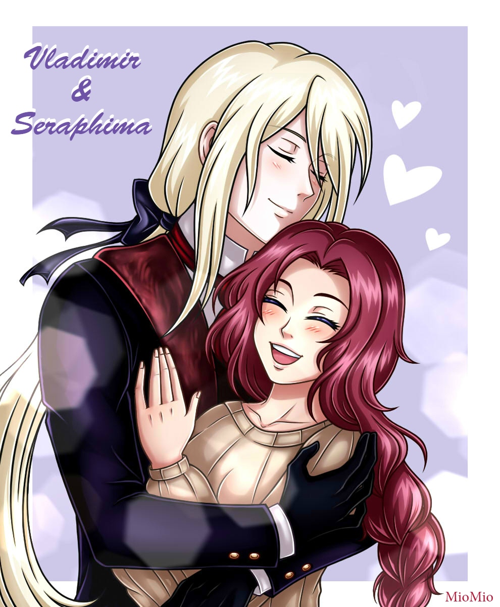 1boy, 1girl, black_gloves, blonde_hair, blush, braid, brown_sweater, character_name