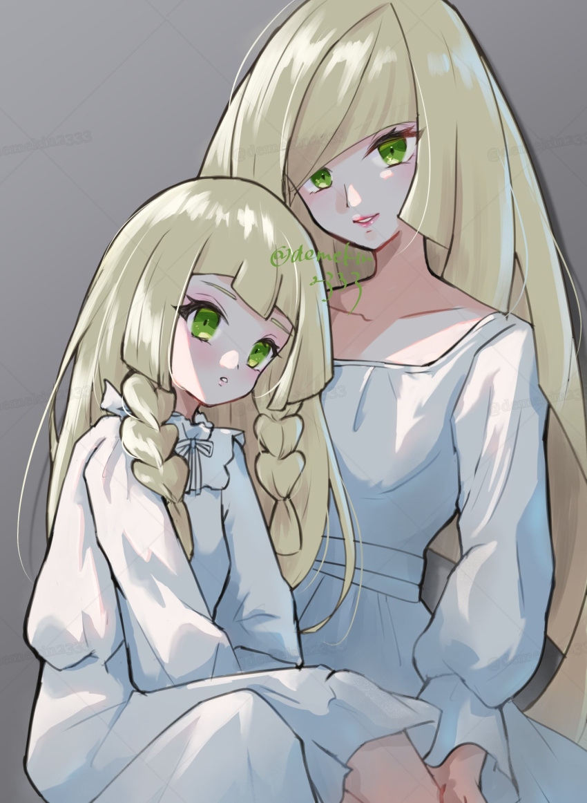 2girls, blonde_hair, blunt_bangs, blush, braid, breasts, demekin2333, dress