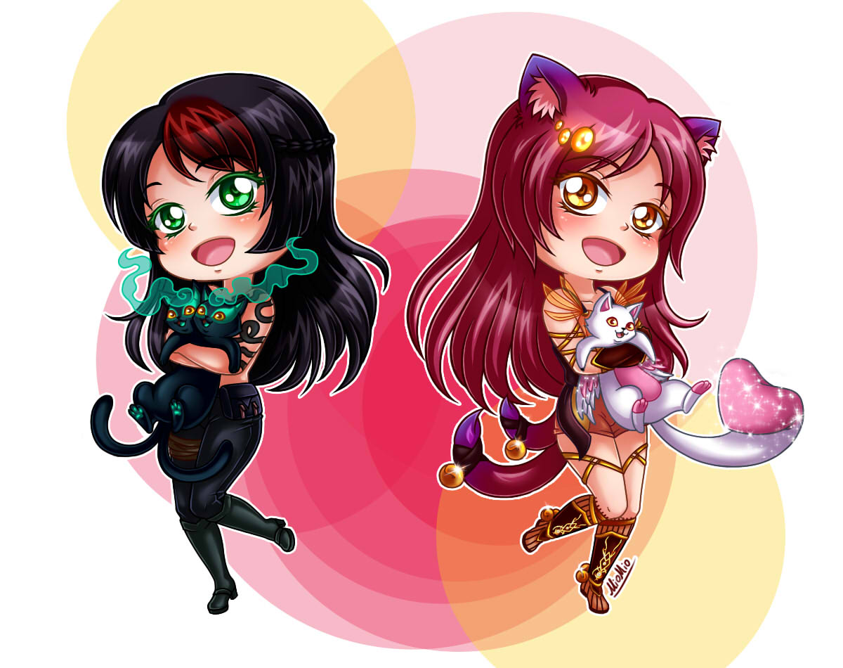 2girls, :d, ailen_tailes, alternate_hair_color, animal, animal_ears, black_cat, black_hair, blush, boots, braid, cat, cat_ears, cat_tail, chibi, eldarya, gloves, green_eyes, hair_ornament, heart, holding, holding_animal, holding_cat, kamoen, knee_boots, long_hair, looking_at_viewer, mien, multicolored_hair, multiple_girls, multiple_tails, nekomata, open_mouth, pants, red_hair, signature, smile, tail, two_tails, white_cat, yellow_eyes