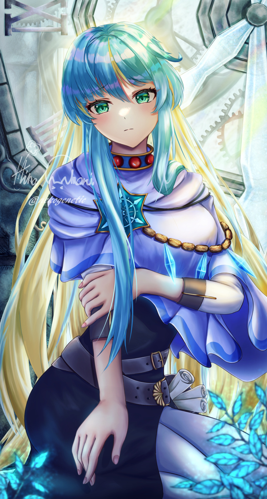 1girl, absurdres, belt, black_dress, blonde_hair, blue_cape, blue_gemstone, blue_hair, blush, cape, closed_mouth, commentary_request, dress, feet_out_of_frame, gears, gem, green_eyes, grey_belt, hand_on_own_arm, highres, long_hair, looking_at_viewer, multicolored_hair, nekogenetic, pantyhose, plant, ragnarok_online, roman_numeral, seiza, sidelocks, simulation_juncea, sitting, solo, two-tone_hair, very_long_hair, white_pantyhose