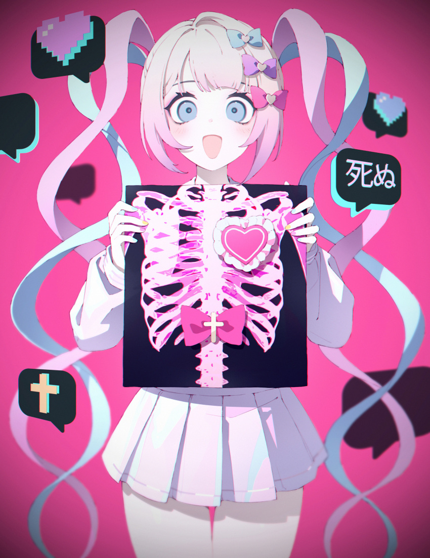 1girl, :d, absurdres, blonde_hair, blue_bow, blue_eyes, blue_hair, blue_serafuku, blue_shirt, blue_skirt, bow, carelier11, chouzetsusaikawa_tenshi-chan, commentary, hair_bow, highres, holding, long_hair, multicolored_hair, multiple_hair_bows, needy_girl_overdose, open_mouth, pink_background, pink_bow, pink_hair, purple_bow, quad_tails, school_uniform, serafuku, shirt, simple_background, skirt, smile, solo, speech_bubble, symbol-only_commentary, very_long_hair, x-ray_film