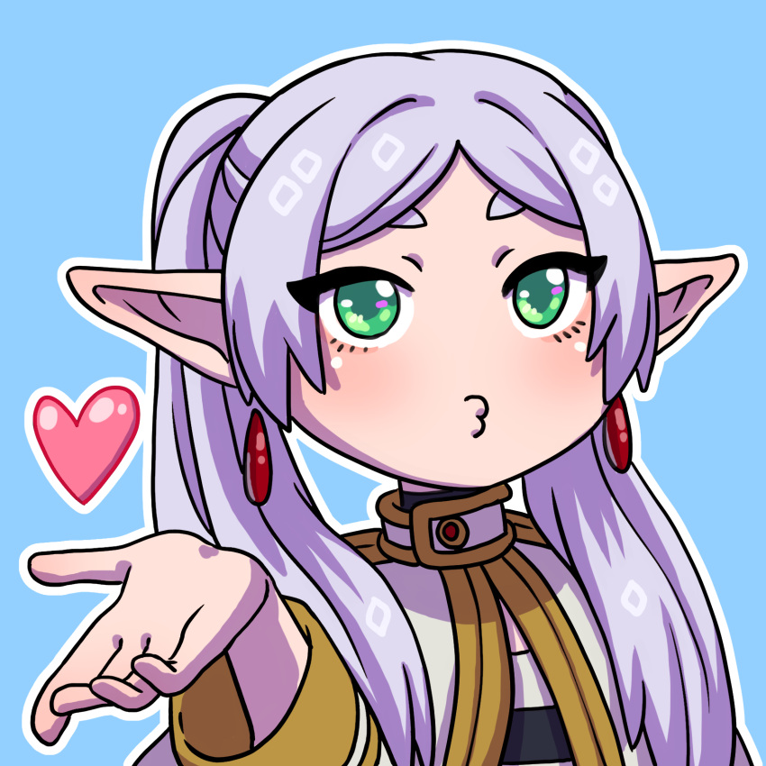 1girl, blowing_kiss, blue_background, capelet, commentary, earrings, elf, english_commentary, frieren, gamusaur, green_eyes, grey_hair, heart, highres, jewelry, long_hair, long_sleeves, o3o, outline, parted_bangs, pointy_ears, puckered_lips, pursed_lips, shirt, solo, sousou_no_frieren, striped_clothes, striped_shirt, teardrop_earrings, twintails, upper_body, white_capelet, white_outline