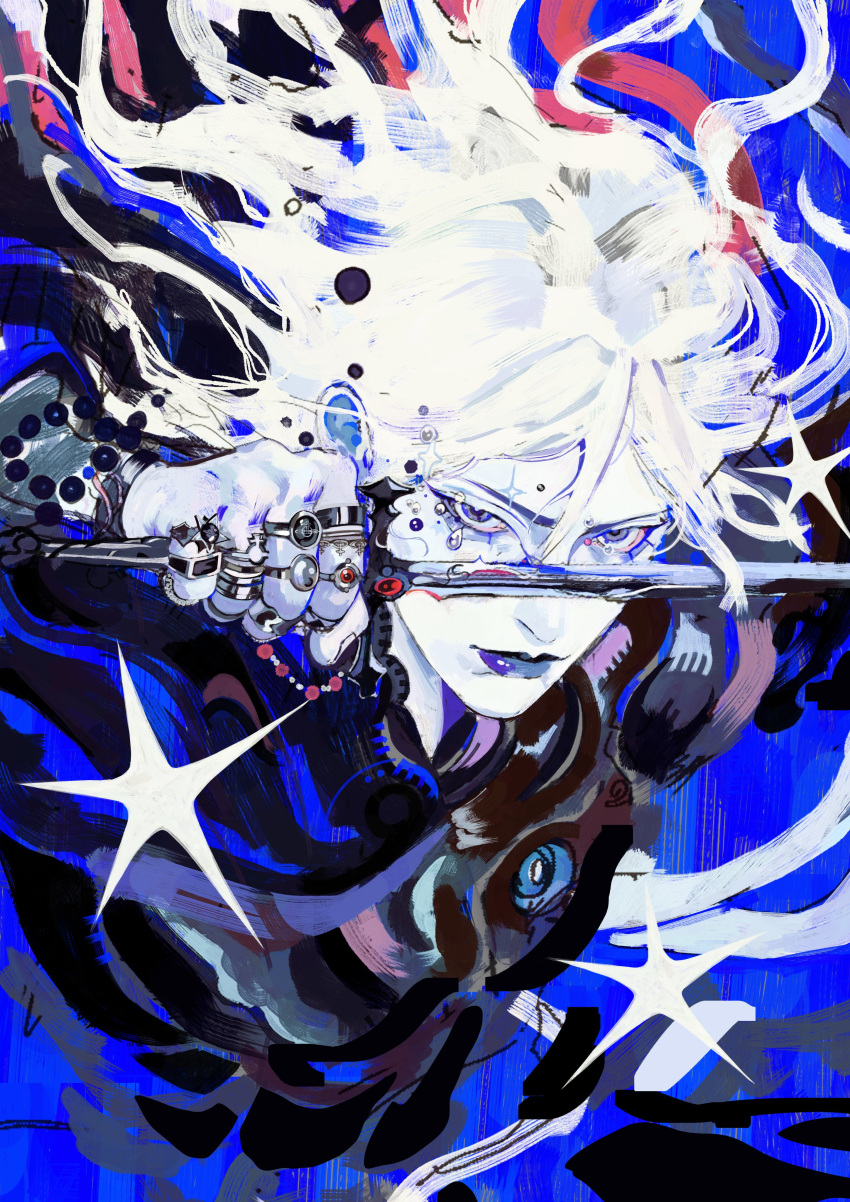 1boy, absurdres, amano_yoshitaka_(style), arm_up, black_lips, blue_background, bracelet, commentary, english_commentary, floating_hair, gem, grey_hair, highres, jewelry, male_focus, original, red_gemstone, rexpo, ring, solo, sparkle, star_(symbol), sword, sword_in_front_of_face, teardrop, too_many_rings, upper_body, weapon, white_hair