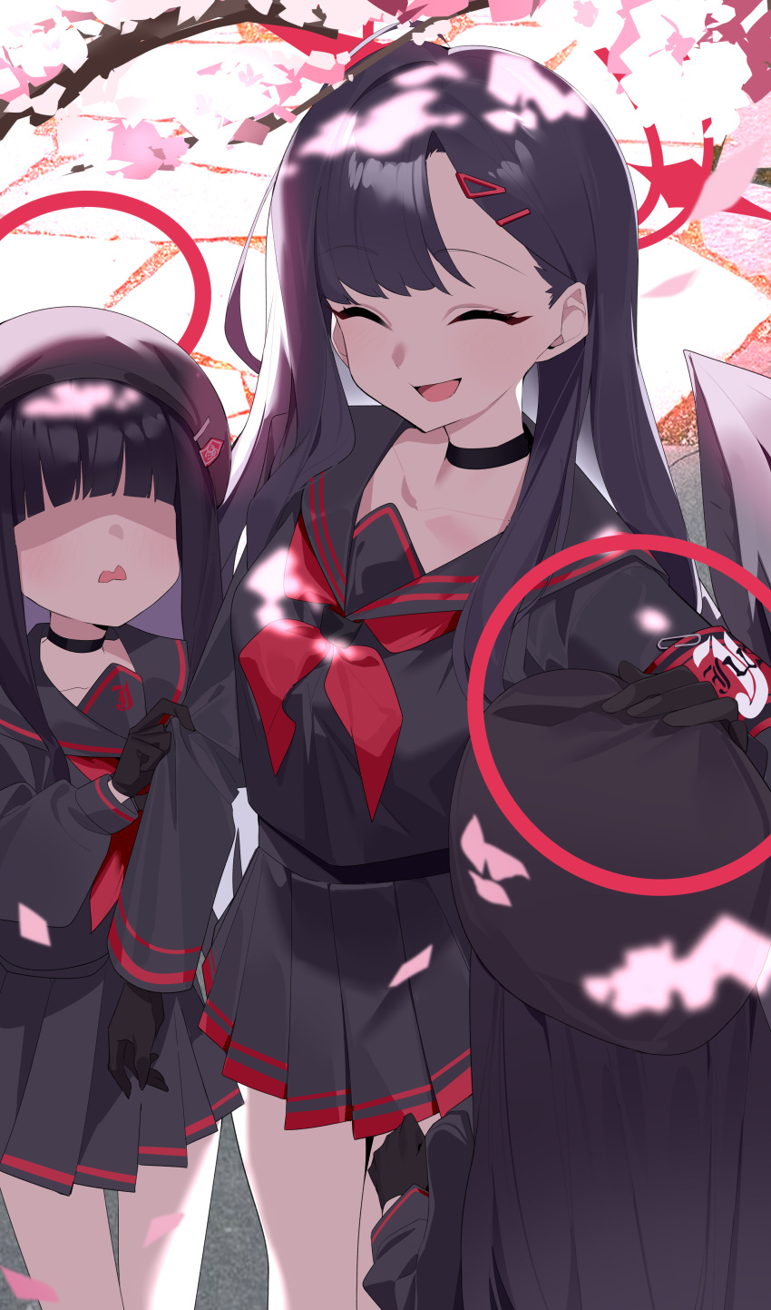 3girls, ^_^, absurdres, black_choker, black_gloves, black_hair, black_hat, black_serafuku