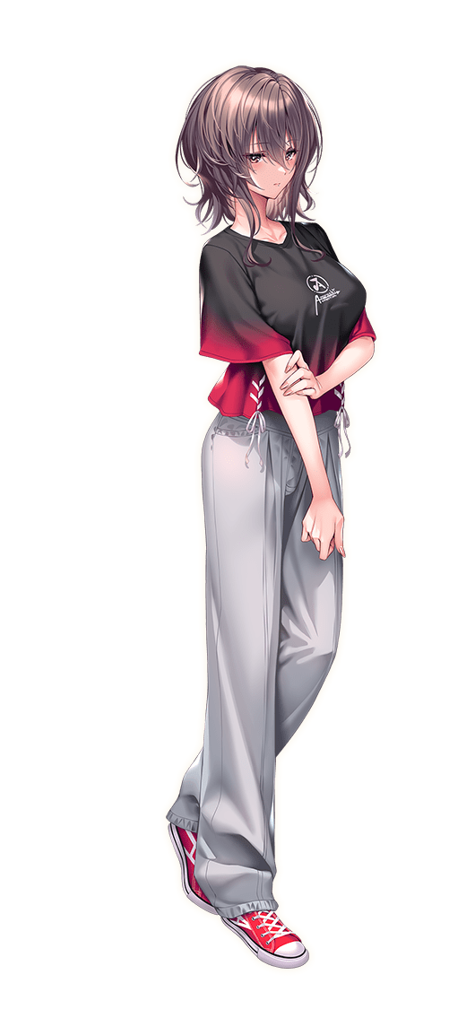 1girl, amakano_3, black_shirt, breasts, brown_hair, closed_mouth, expressionless, grey_pants
