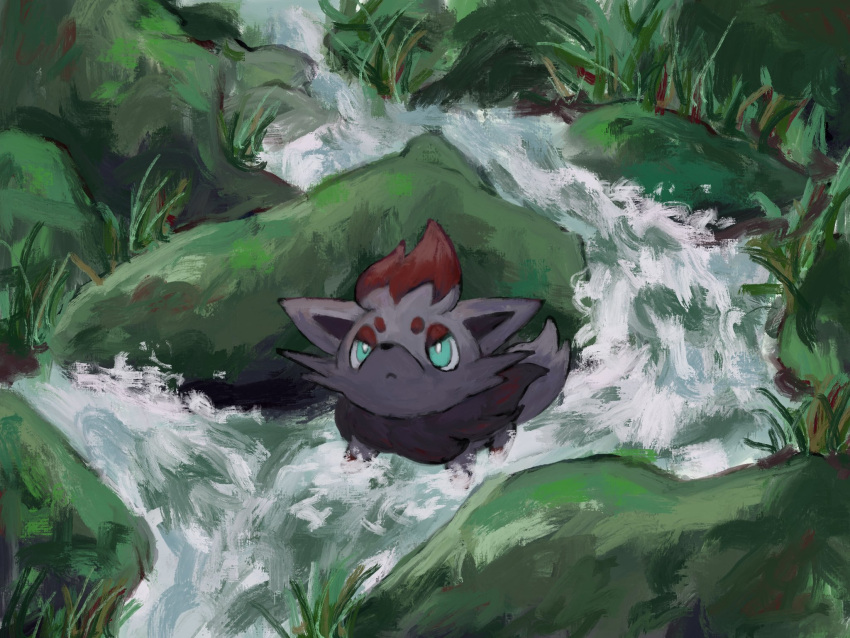blue_eyes, closed_mouth, commentary, full_body, grass, highres, looking_up, no_humans
