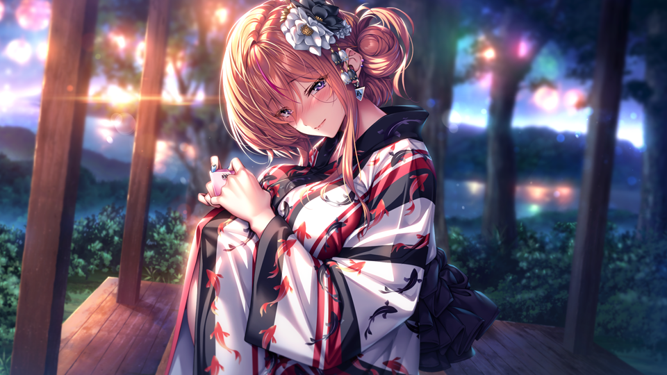 1girl, aerial_fireworks, amakano_3, animal_print, back_bow, black_kimono, blue_eyes, blush