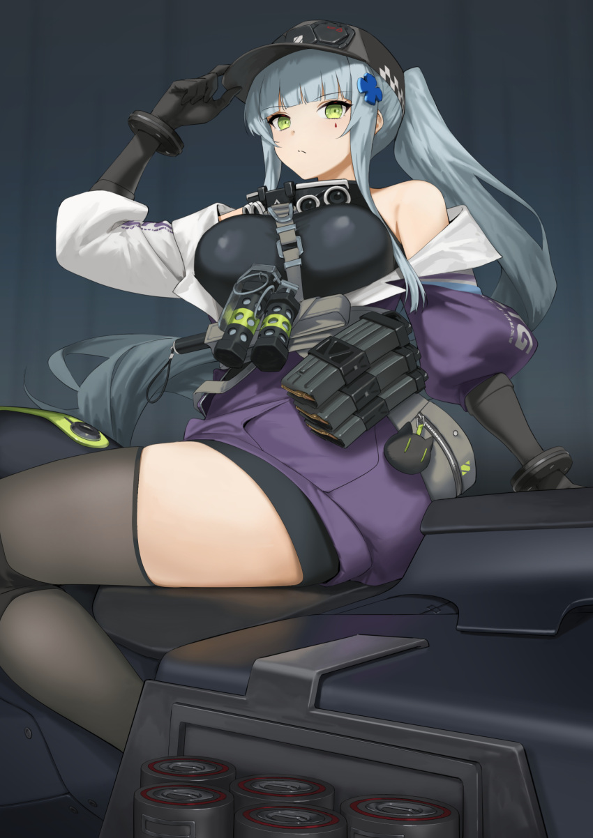 1girl, bare_shoulders, black_gloves, black_hat, blue_hair, breasts, clothes_pull, elbow_gloves