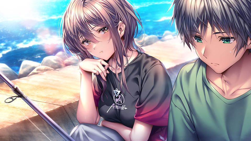 1boy, 1girl, amakano_3, black_shirt, blush, breasts, brown_hair, character_request