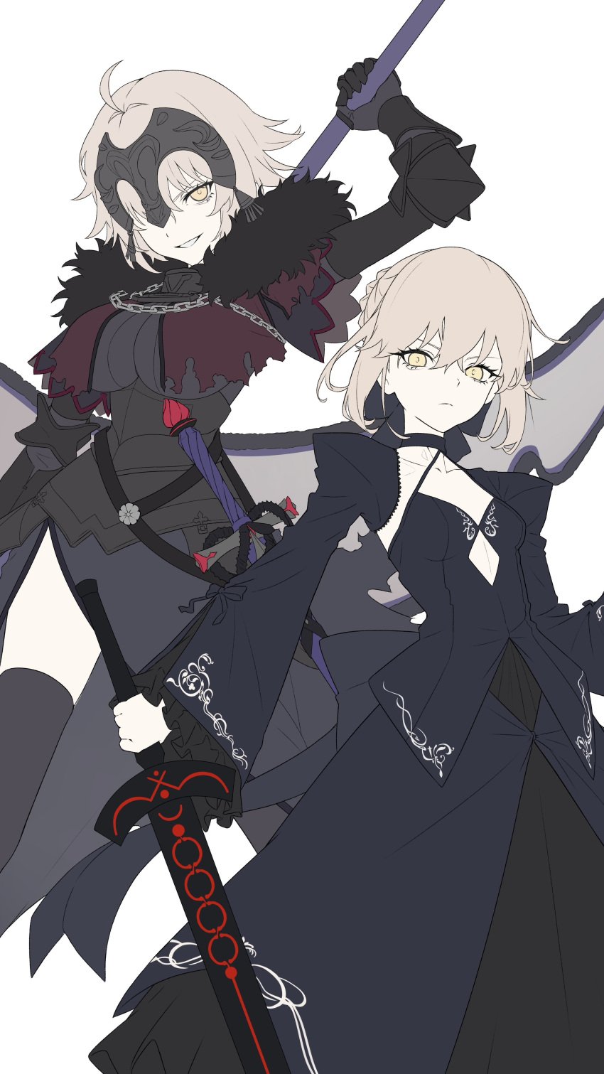 2girls, absurdres, armor, artoria_pendragon_(fate), black_armor, black_thighhighs, blonde_hair, blue_dress