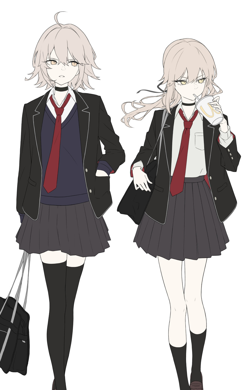 2girls, absurdres, ahoge, alternate_costume, artoria_pendragon_(fate), bag, blazer, choker