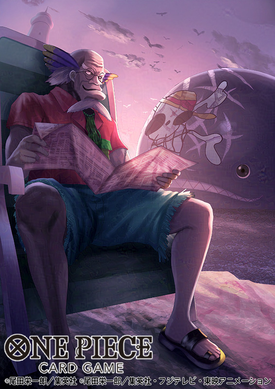 1boy, beard, blue_shorts, commentary_request, copyright_name, crocus_(one_piece), facial_hair, glasses, holding, holding_newspaper, jolly_roger, laboon, male_focus, newspaper, official_art, one_piece, one_piece_card_game, outdoors, sandals, sharp_teeth, short_sleeves, shorts, sitting, smile, straw_hats_jolly_roger, tanaka_ken'ichi, teeth, whale