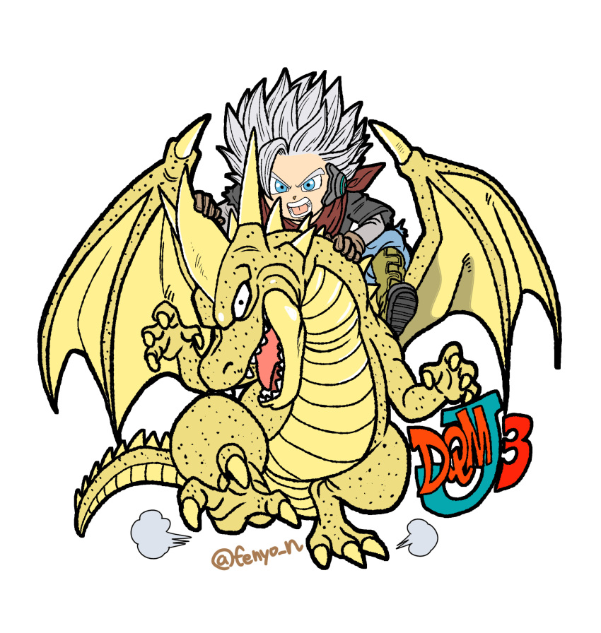 1boy, 1other, absurdres, black_shirt, blue_eyes, blue_pants, creature_request, dragon