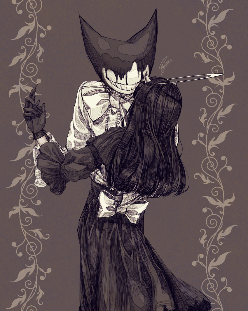1boy, 1girl, alice_angel, bendy, bendy_and_the_ink_machine, bow, bowtie, broken_halo