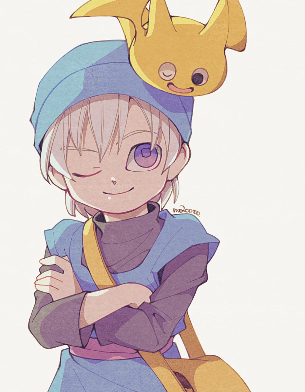 1boy, 1other, 29qmatatavi, aged_down, bag, black_shirt, blue_hat, blue_tunic