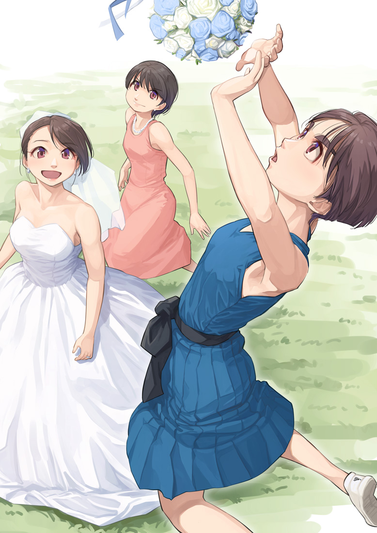 3girls, black_hair, bouquet, bouquet_toss, breasts, brown_eyes, brown_hair, commentary