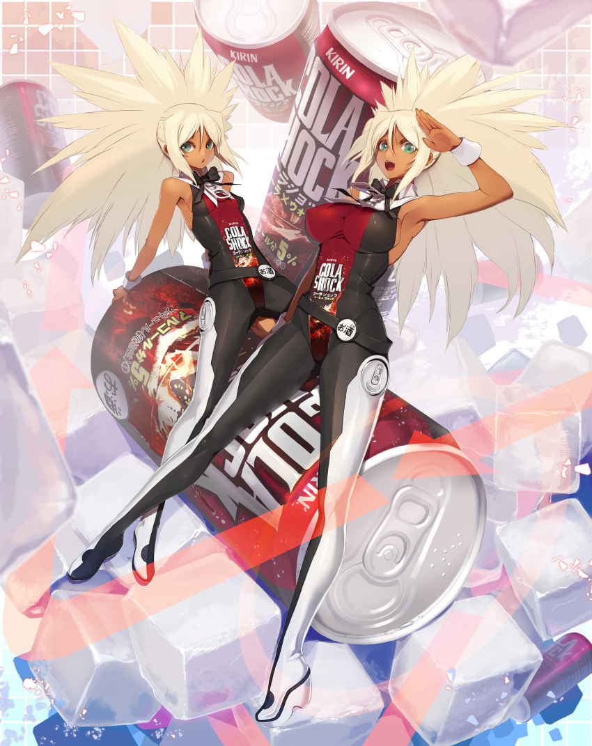 blonde_hair, bow, breasts, dark_skin, green_eyes, highres, ice_cube, kirin_(company)