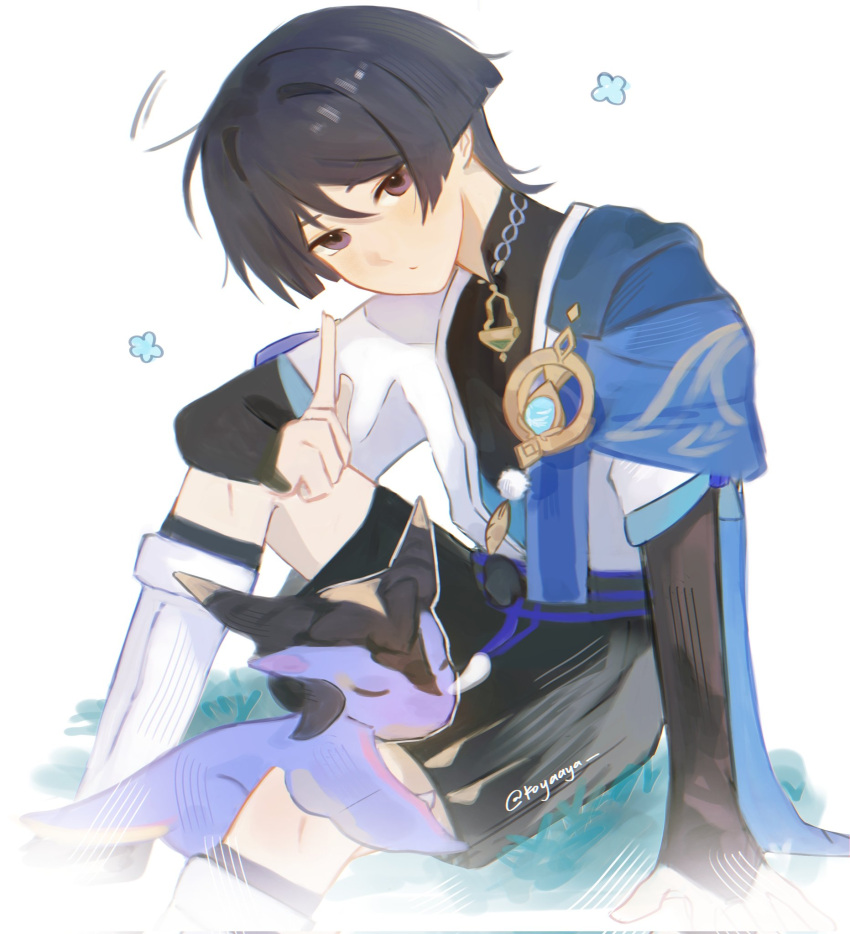 1boy, anemo_symbol_(genshin_impact), arm_at_side, arm_on_knee, arm_support, belt, black_belt, black_bodysuit