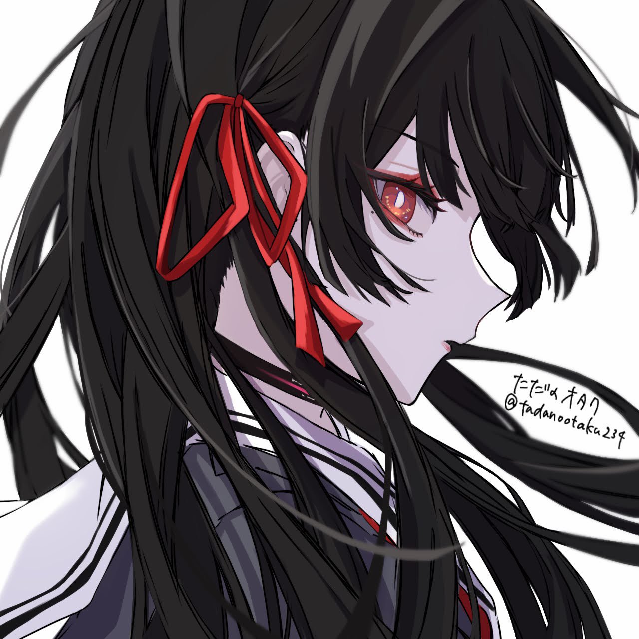 1girl, black_hair, black_shirt, bright_pupils, chisa_(wuthering_waves), commentary_request, from_side, hair_ribbon, highres, long_hair, looking_at_viewer, mole, mole_under_eye, parted_lips, profile, red_eyes, red_ribbon, ribbon, sailor_collar, shirt, sideways_glance, simple_background, solo, tadanootaku234, white_background, white_pupils, white_sailor_collar, wuthering_waves