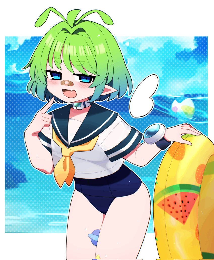 alien, antenna_hair, ball, bandaid, bandaid_on_face, bandaid_on_nose, beachball, blue_eyes