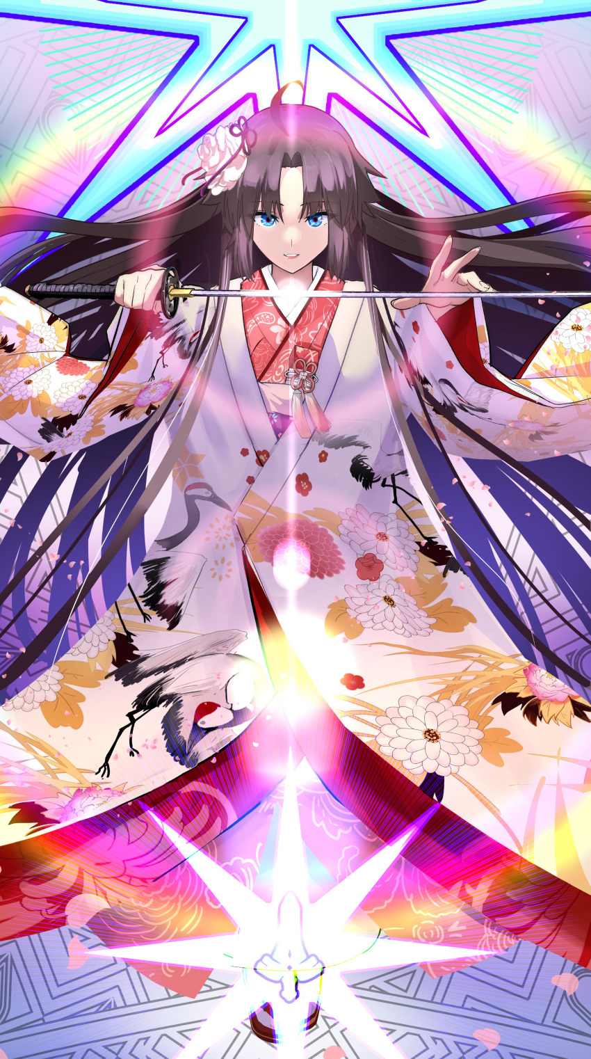 1girl, absurdres, ahoge, animal_print, bird_print, black_hair, blue_eyes, brown_hair