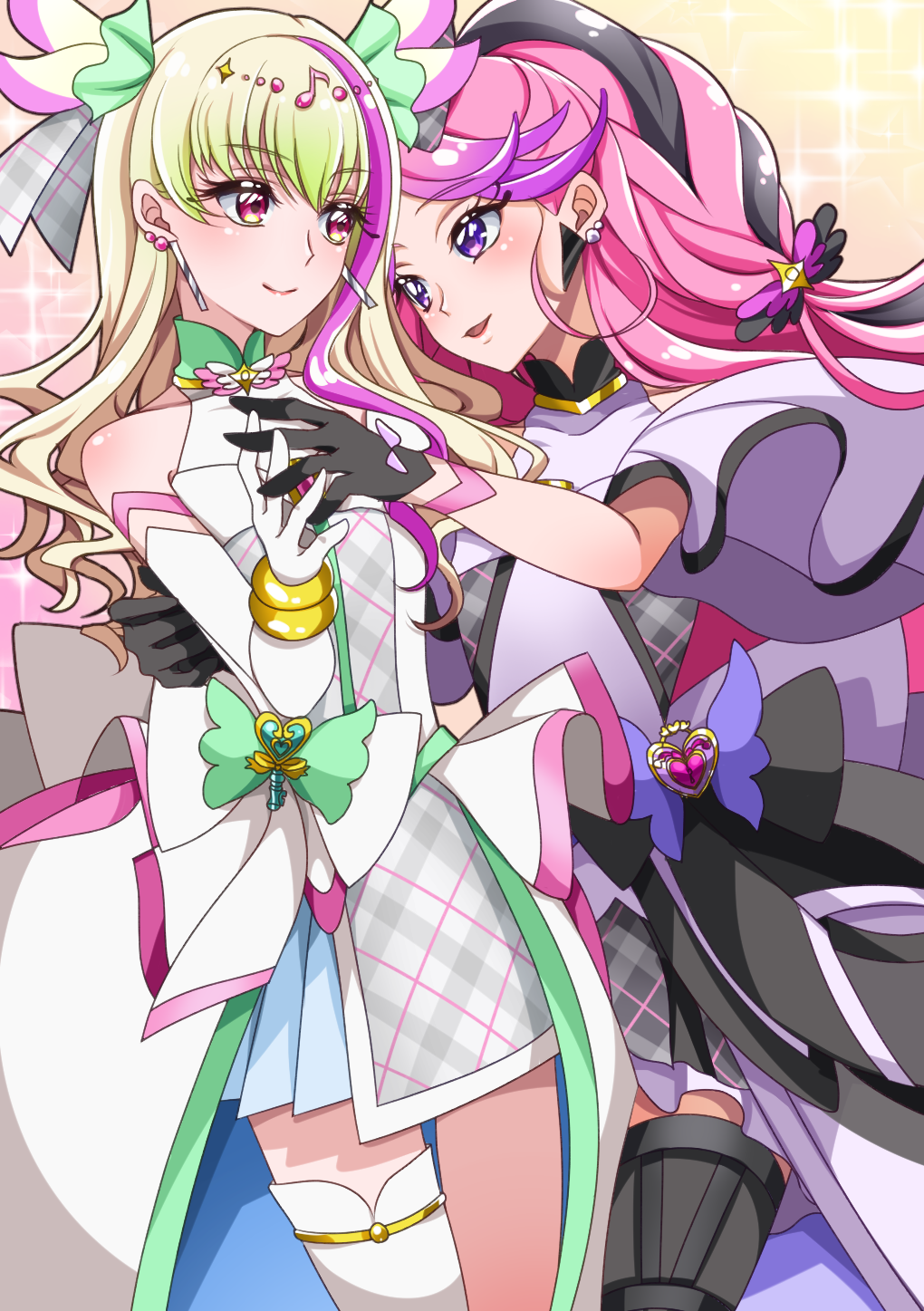 2girls, bare_shoulders, black_gloves, blonde_hair, blunt_bangs, blush, braid, closed_mouth