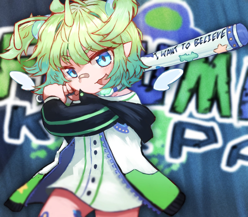1girl, alien, antennae, bandaid, bandaid_on_face, bandaid_on_nose, baseball_bat, blue_eyes, blush, bug, collar, detached_wings, fang, ferumi_kaipa, gradient_hair, graffiti, green_hair, hair_intakes, highres, indie_virtual_youtuber, insect_wings, jacket, looking_at_viewer, multicolored_hair, petite, pointy_ears, ponytail, short_ponytail, straight-on, sxxlvm, thighs, twintails, ufo_print, upper_body, virtual_youtuber, wings