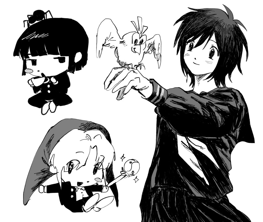 1girl, 2boys, 97ttwwaazz, absurdres, animal, avalona, bird, bird_on_hand