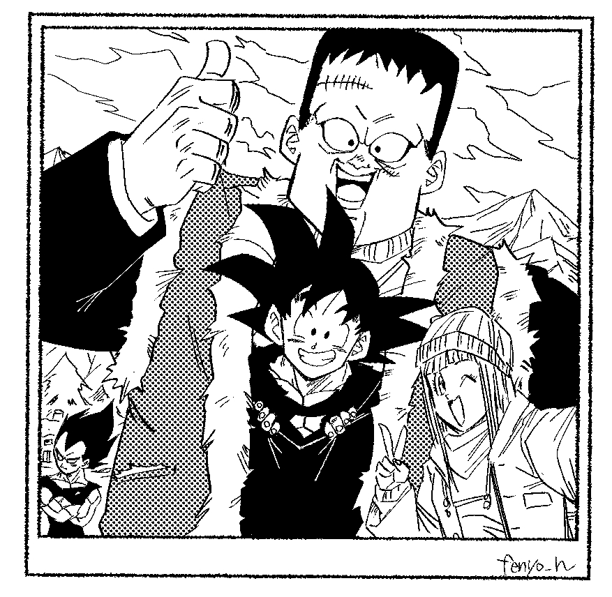 1girl, 3boys, android_8, crossed_arms, dragon_ball, dragon_ball_z, fenyon, group_picture