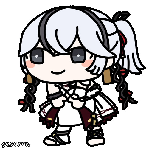 1girl, animated, animated_gif, artist_name, black_eyes, blush_stickers, bright_pupils, camellya_(wuthering_waves), camellya_mascot_(meme), closed_mouth, commentary, dress, earrings, full_body, gold_earrings, grey_hair, hair_vines, jewelry, leaning_forward, looping_animation, lowres, meme, seseren, simple_background, smile, solo, standing, white_background, white_dress, white_pupils, wuthering_waves