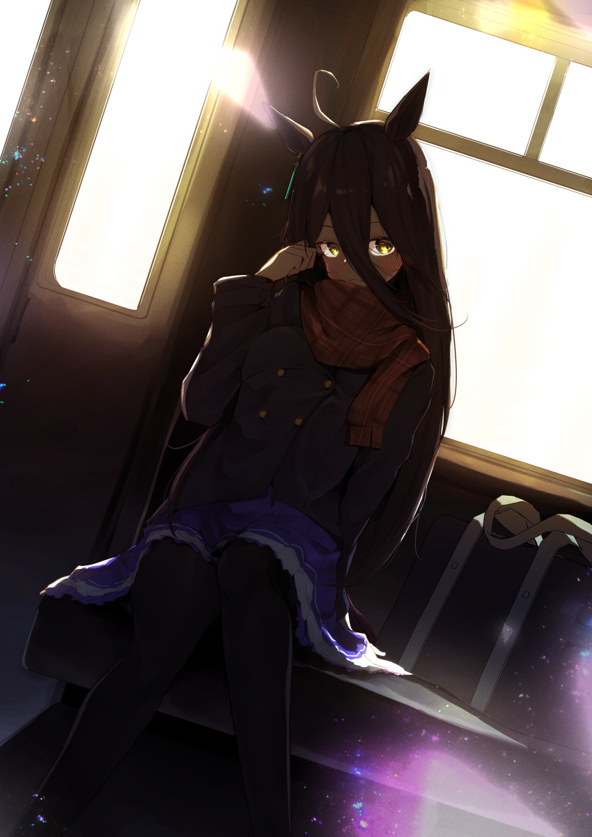 1girl, absurdres, ahoge, animal_ears, bag, black_coat, black_hair, blush, coat, ear_tag, earrings, frilled_skirt, frills, gorioshi0802, hair_between_eyes, hand_up, highres, horse_ears, horse_girl, horse_tail, jewelry, light_rays, long_bangs, long_hair, long_hair_between_eyes, long_sleeves, looking_at_viewer, manhattan_cafe_(umamusume), multicolored_hair, plaid_clothes, plaid_scarf, pleated_skirt, purple_skirt, red_eyes, scarf, school_bag, school_uniform, single_earring, sitting, skirt, solo, tail, tracen_school_uniform, train_interior, umamusume, very_long_hair, white_hair, winter_uniform, yellow_eyes
