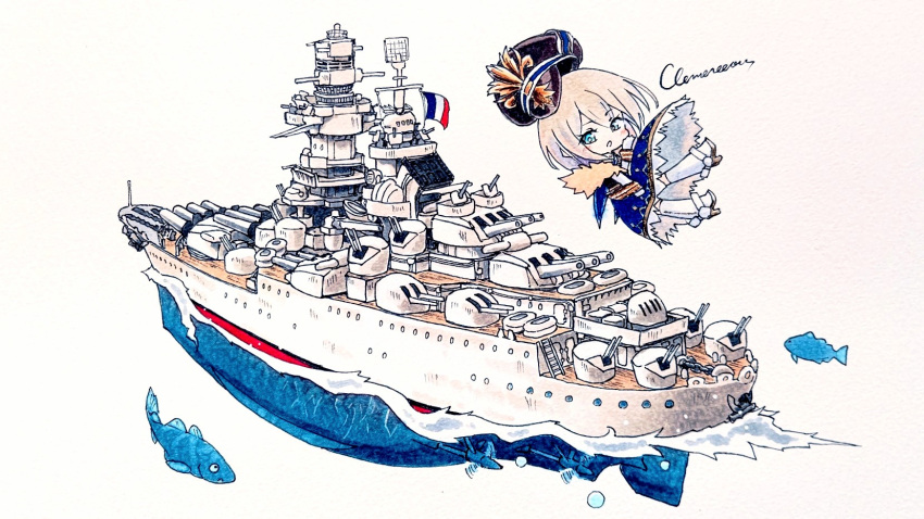 1girl, anti-aircraft_gun, black_hat, blonde_hair, blue_eyes, character_name, chibi, chibi_only