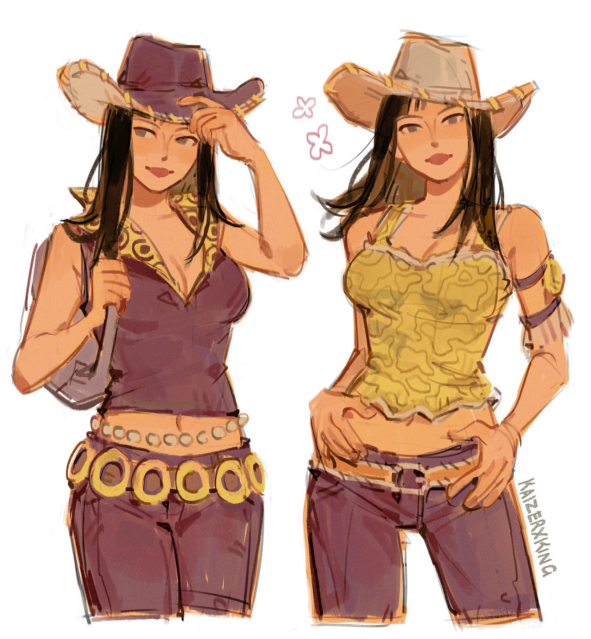 1girl, absurdres, armlet, bag, black_hair, blunt_bangs, commentary, cowboy_hat