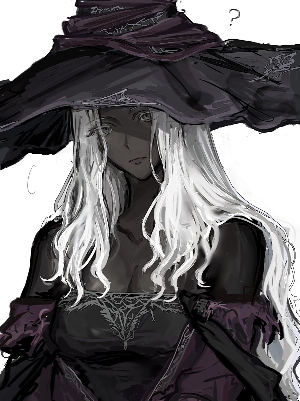 1girl, ?, bare_shoulders, black_dress, black_hat, breasts, closed_mouth, commentary, dark-skinned_female, dark_skin, dress, elden_ring, elden_ring_nightreign, frmtanoshingo, grey_eyes, hat, highres, large_hat, long_hair, looking_at_viewer, medium_breasts, off_shoulder, recluse_(elden_ring), simple_background, solo, symbol-only_commentary, very_long_hair, wavy_hair, white_background, white_hair, witch, witch_hat