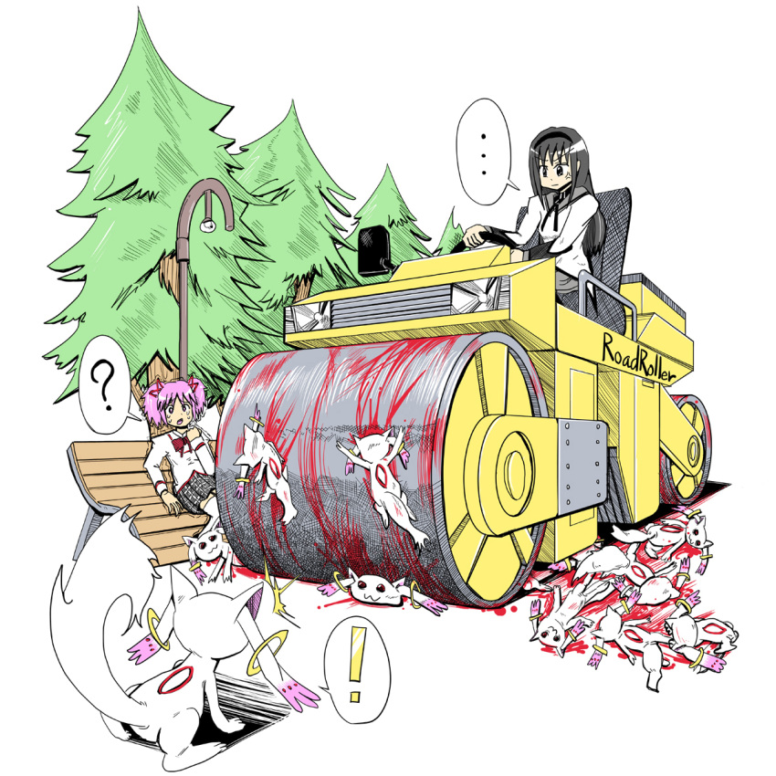 ..., /\/\/\, :3, ?, akemi_homura, anger_vein, bench, black_hair