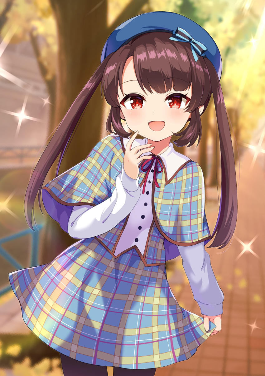 1girl, :d, beret, blue_skirt, blurry, blurry_background, blush, brown_hair, depth_of_field, diffraction_spikes, dodotsuki, dress, glint, hat, highres, long_hair, long_sleeves, looking_at_viewer, ongeki, open_mouth, outdoors, pantyhose, plaid_clothes, plaid_dress, plaid_skirt, red_eyes, ribbon, shinonome_tsumugi, shirt, skirt, smile, solo, sparkle, sparkle_background, sunset, twintails, white_shirt
