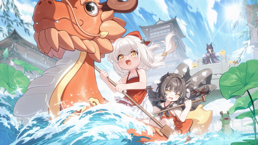 absurdres, architecture, azur_lane, bare_shoulders, black_hair, blue_sky, bow, bridge