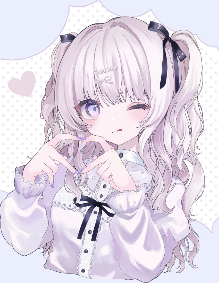 1girl, black_ribbon, blue_eyes, blue_nails, blunt_bangs, closed_mouth, hair_intakes, hair_ribbon, heart, heart_hands, highres, licking_lips, long_hair, looking_at_viewer, one_eye_closed, original, polka_dot, polka_dot_background, ribbon, shiina_(user_ecjx4545), shirt, solo, tongue, tongue_out, two_side_up, upper_body, white_hair, white_shirt