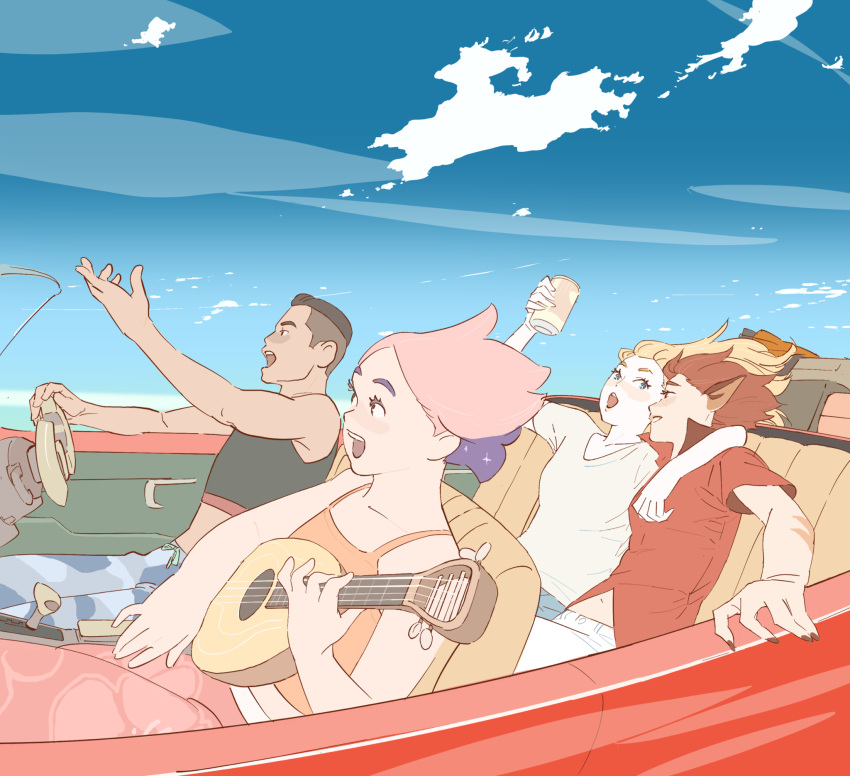 1boy, 3girls, 55bata6rou, adora_(she-ra), animal_ears, arm_over_head, arm_up, black_shirt