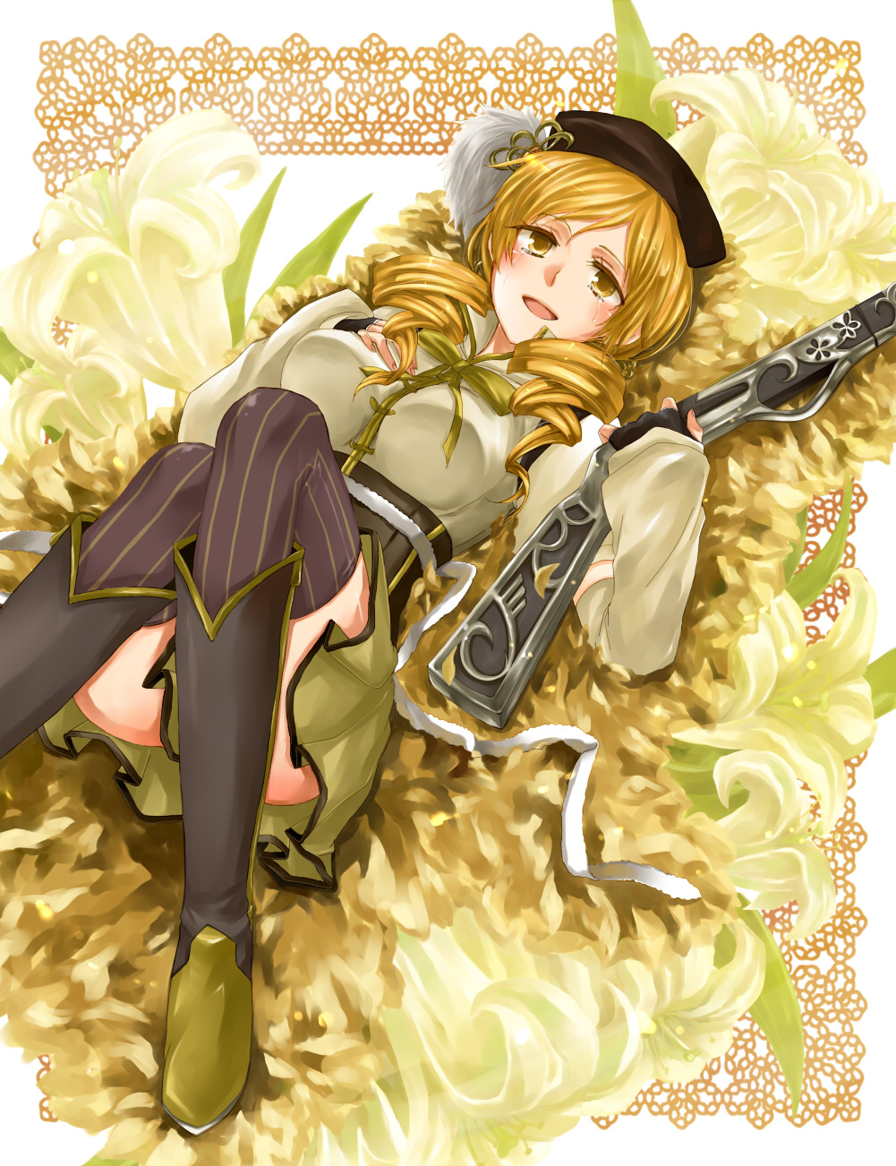 beret, blonde_hair, corset, detached_sleeves, drill_hair, fingerless_gloves, flower, gloves