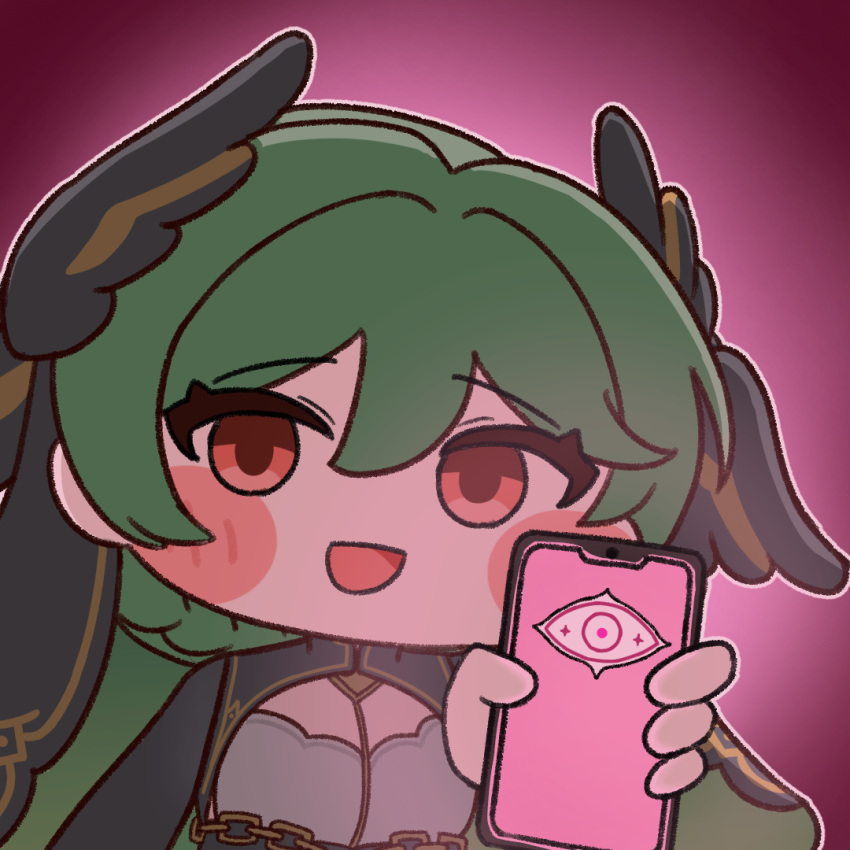 blush, chain, cleavage_cutout, clothing_cutout, green_hair, head_wings, hypnosis_app, joanne_(trickcal), nun, official_style, open_mouth, phone, rattie_art, red_eyes, smile, trickcal, wings