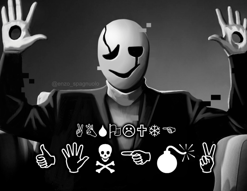 1boy, 2d, absolute_cinema_(meme), arms_up, artist_name, black_background, digital_media, enzo_spagnuolo, gradient_background, grey_background, highres, hollow_eyes, humanoid, male, male_focus, male_only, meme, monster, monster_boy, outstretched_arms, simple_background, solo, text, translation_request, undertale, upper_body, utdr_(toby_fox), w.d._gaster, wingdings