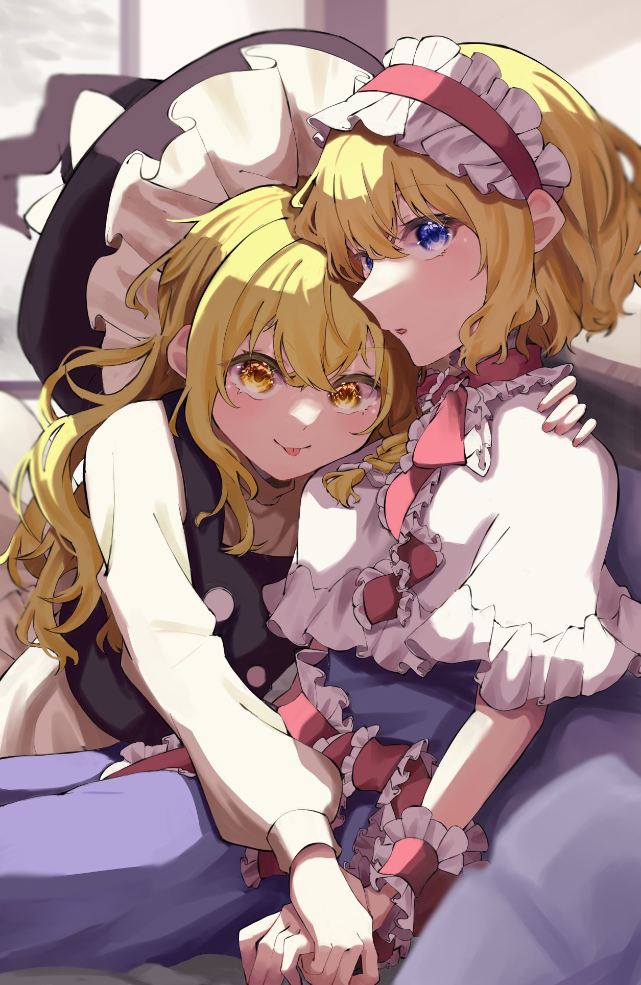2girls, alice_margatroid, black_hat, black_shirt, blonde_hair, blue_dress, blue_eyes, dress
