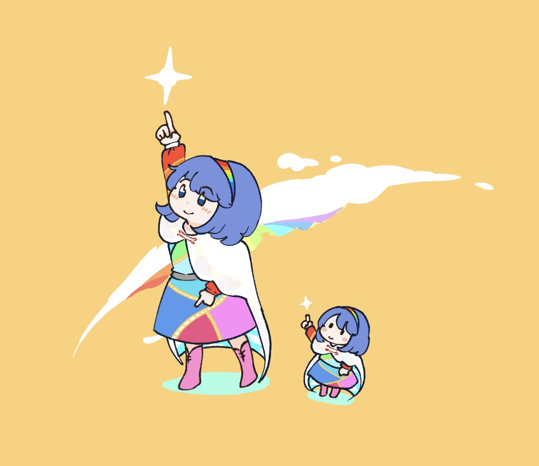 2girls, arm_up, blue_eyes, blue_hair, cape, closed_mouth, commentary_request, full_body