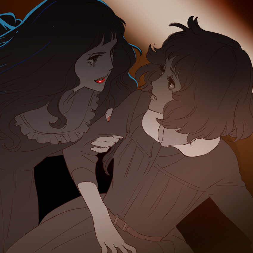 2girls, 55bata6rou, black_dress, black_hair, brown_background, collared_dress, cowboy_shot, dress