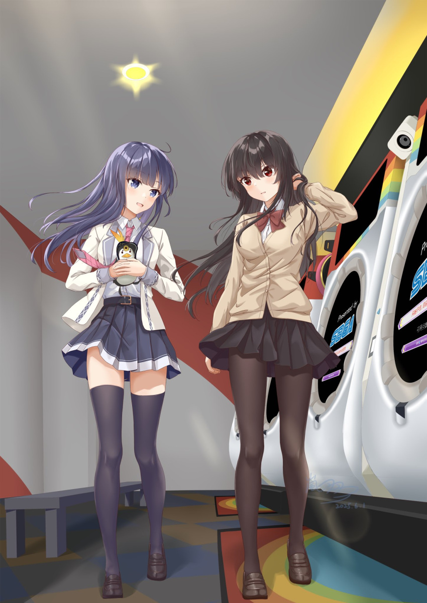 2girls, arashiu1216, black_hair, black_skirt, blue_eyes, blush, bow, breasts