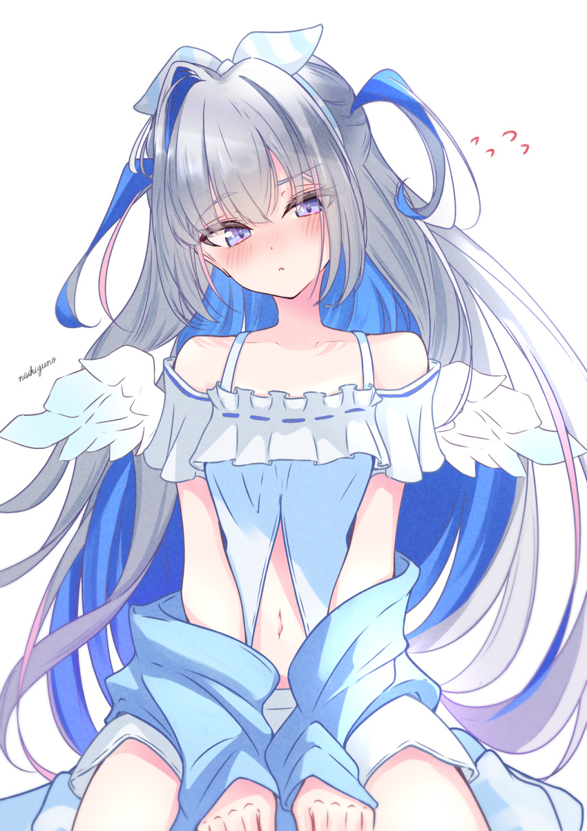 1girl, alternate_costume, amane_kanata, angel, angel_wings, blue_cardigan, blue_hair, blue_shorts, blush, cardigan, colored_inner_hair, grey_hair, highres, hololive, long_hair, looking_at_viewer, multicolored_hair, nishiki_yuno, shirt, shorts, solo, streaked_hair, two_side_up, very_long_hair, violet_eyes, virtual_youtuber, white_shirt, wings