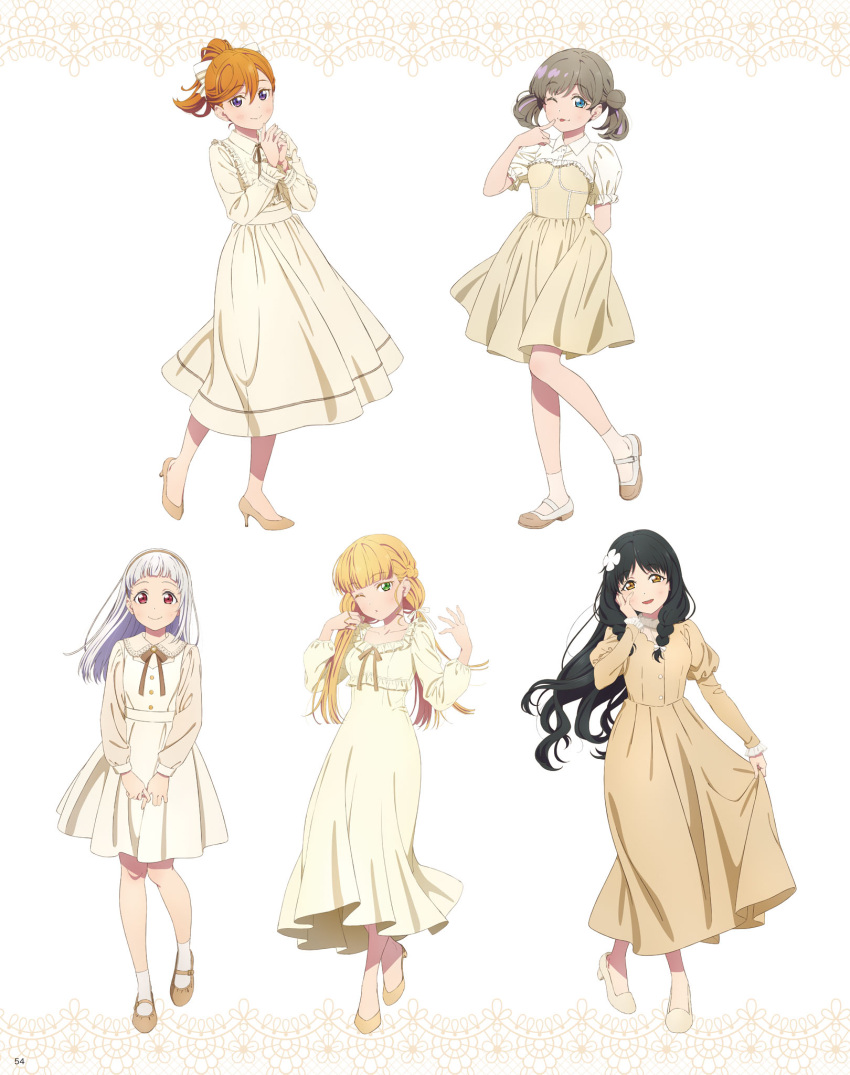 5girls, arashi_chisato, artbook, black_hair, blonde_hair, blue_eyes, double_bun, dress