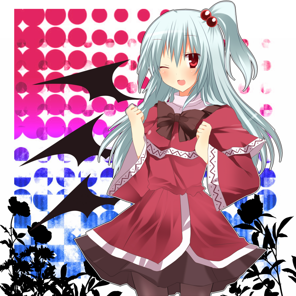 bow, dress, emyu, flower, fujishiro_emyu, hair_bobbles, hair_ornament, long_hair, open_mouth, pantyhose, red_eyes, shinki, silver_hair, solo, touhou, wings, wink