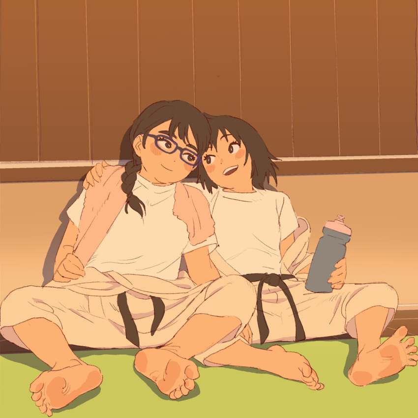 2girls, 55bata6rou, barefoot, black_hair, bottle, dougi, eye_contact, feet